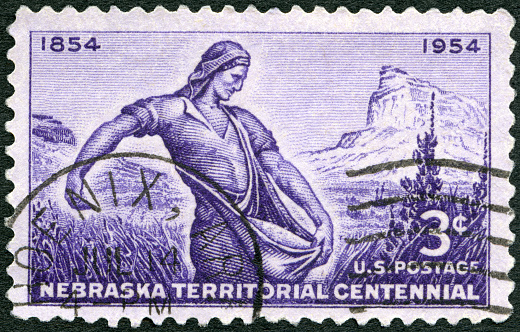 Postage stamp printed in USA shows Mitchell Pass, Scotts Bluff and The Sower by Lee Lawrie, Establishment of the Nebraska Territorial Centennial Centenary 1854, circa 1954