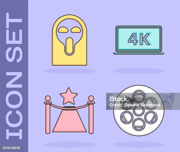 Set Film Reel Funny And Scary Ghost Mask Carpet With Barriers And Star And  Laptop Screen With 4k Video Technology Icon Vector Stock Illustration -  Download Image Now - iStock