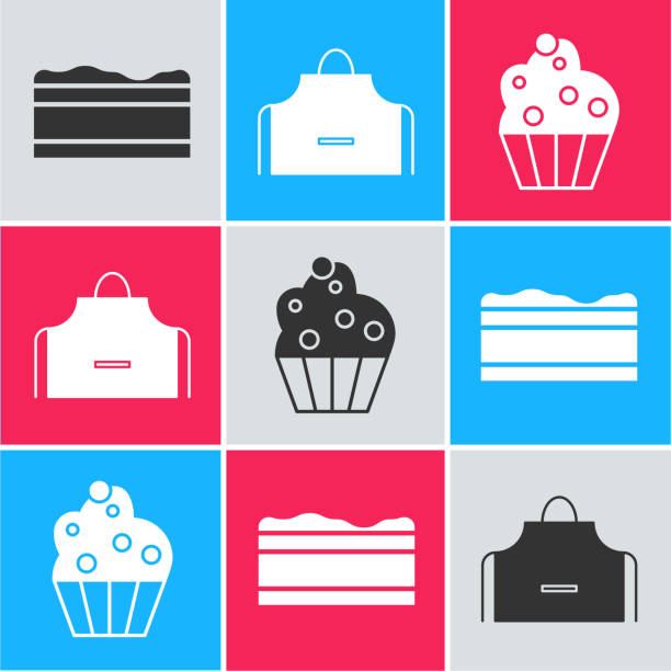 ilustrações, clipart, desenhos animados e ícones de definir bolo de chocolate brownie, avental de cozinha e ícone cupcake. vetor - personal accessory apron bakery cake