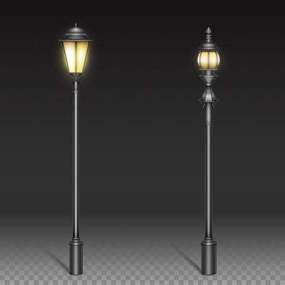 Vintage street lamps, black iron lantern on post. Vector realistic set of retro street lights, old lamps in victorian style for city road or park isolated on transparent background