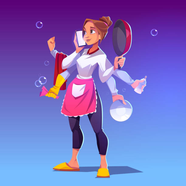 Multitasking houswife with many hands Busy housewife with many hands. Concept of domestic work and multitask. Vector cartoon woman with cooking pan, baby bottle and smartphone in arms. Multitasking housekeeping lord siva cartoon stock illustrations