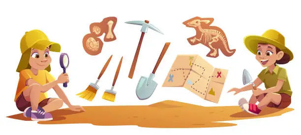 Vector illustration of Kids playing in archaeologists working excavations
