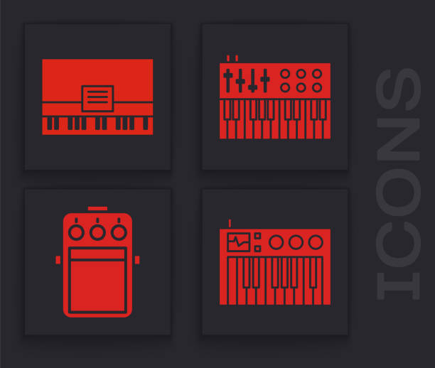 음악 신디사이저, 피아노, 음악 신디사이저와 기타 페달 아이콘을 설정합니다. 벡터 - guitar photographic effects guitar pedal amplifier stock illustrations