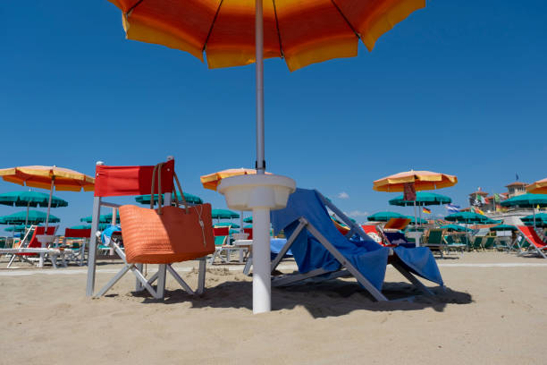 istock Lounge chairs with sun umbrella's on a beach 1270481987