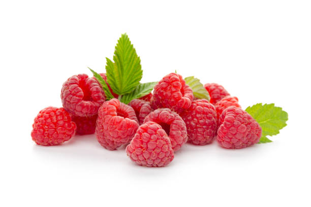 istock Ripe raspberries with leaf isolated on a white background 1270482751