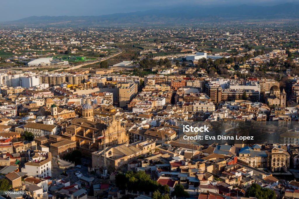 Aerial view of Lorca city Aerial view of Lorca city with buildings and horizon. Lorca Stock Photo