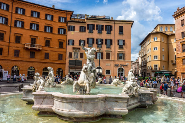 the fountain of neptune, fontana del nettuno, is a fountain located at the north end of the piazza navona. it was once called "fontana dei calderari - piazza del nettuno imagens e fotografias de stock