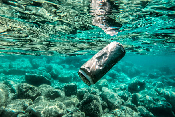 A can thrown in the water The can floats underwater in the crystal clear waters of the Adriatic Sea scuba diver point of view stock pictures, royalty-free photos & images
