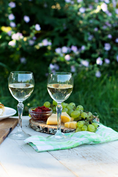 istock White wine and light snacks, Grapes, wine, cheese, pie. Summer romantic dinner in nature. 1270492735