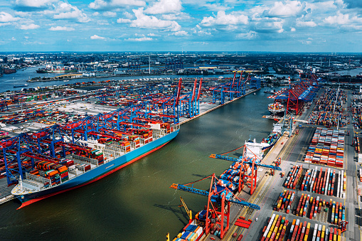 Aerial view of a Container harbour\nHamburg, Germany
