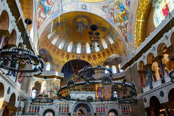 Interior of the orthodox naval cathedral of St. Nicholas in Kronstadt, Russia
