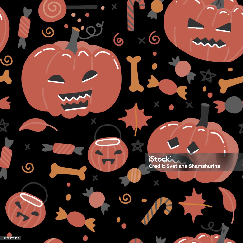 Mô Hình Liền Mạch Vector Halloween Với Bí Ngô Xương Và Kẹo Vẽ Tay ...