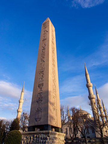 Obelisk of Theodosius (Egyptian Obelisk) near Blue Mosque(Sultanahmet camii) in the ancient Hippodrome , Istanbul, Turkey.