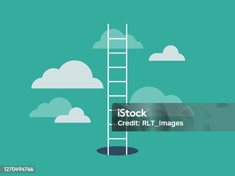 istock Illustration of ladder emerging from hole and leading into the clouds 1270494766