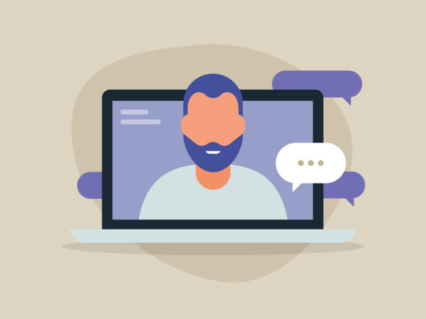 bildbanksillustrationer, clip art samt tecknat material och ikoner med illustration av ung man som har diskussion på laptop datorskärm - datorskärm illustrationer