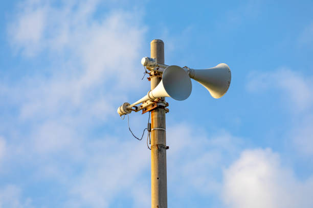 Loudspeakers with blue sky background stock photo