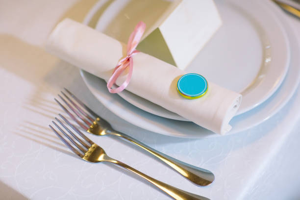istock Beautiful table setting, close up. Wedding Table setting in the restaurant. Wed banquet. 1270497623