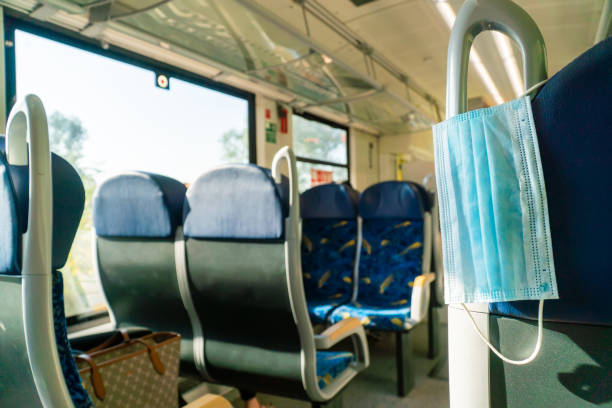 istock Empty inside train bus subway public transport with window view and blue seats people tourist new normal social distancing safe travel with hygiene face mask protect from covid corona virus 1270498463