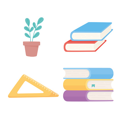 school stack of books traingle ruler and plant icons supplies vector illustration