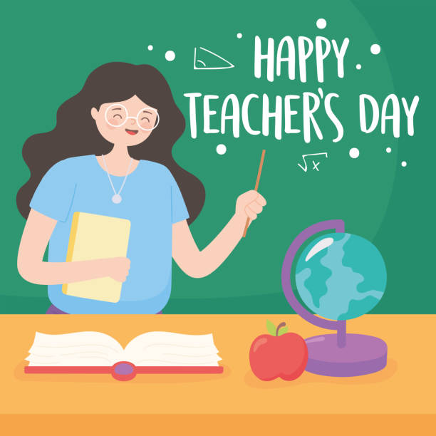 istock happy teachers day, teacher in classroom with chalkboard map book and apple 1270500915