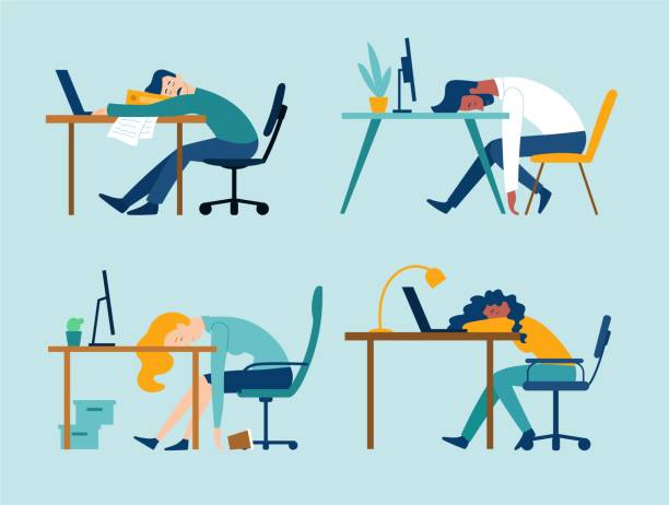 Set of 4 scenes with Professional Burnout Syndrome Set of four scenes showing diverse business people with Professional Burnout Syndrome asleep at their desks in the office, colored vector illustration mental burnout stock illustrations