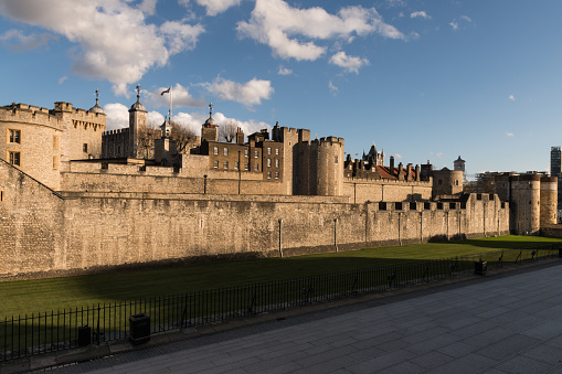 London, UK - Mar 10 2019: The exterior of the Tower of London late in the day.