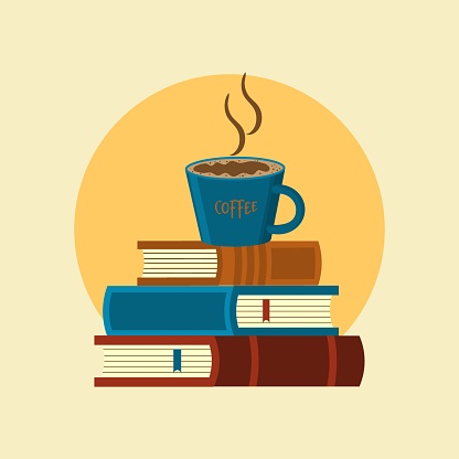 Stack of books and coffee in cup. Vector illustration in flat style.