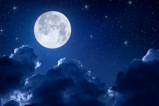 Night Sky Night sky with full moon, clouds and stars planetary moon photos stock pictures, royalty-free photos & images