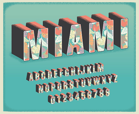 Vector illustration of a Miami tropical floral travel postcard font alphabet set. Easy to edit to customize your own headline or message. Includes vector eps and jpg in download.