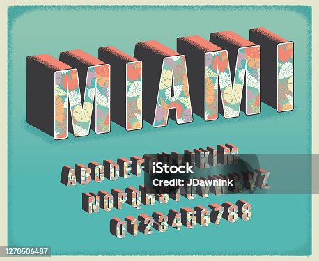 istock Miami tropical floral travel postcard font alphabet set 1270506487