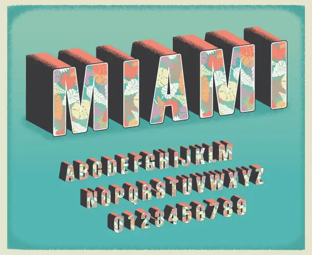Vector illustration of Miami tropical floral travel postcard font alphabet set