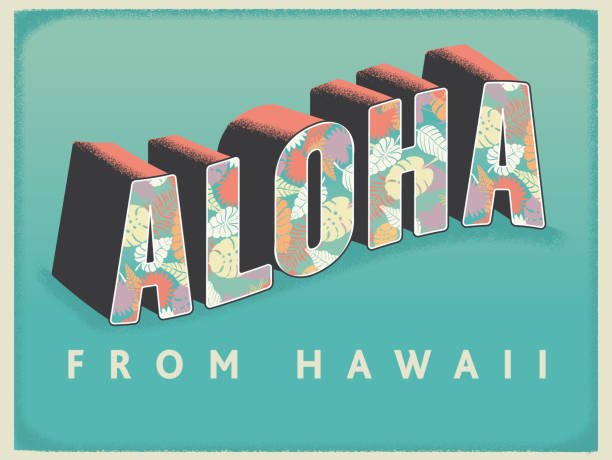 Aloha From Hawaii Postcard typography design Vector illustration of a Aloha from Hawaii postcard greeting text design. Includes tropical leaf pattern. Easy to edit. Includes vector eps and jpg in download. postcard stock illustrations