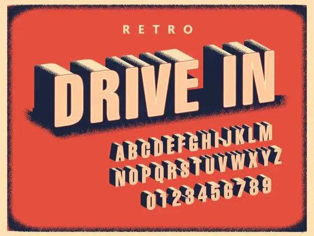 Vector illustration of Retro Drive In Movie font alphabet set