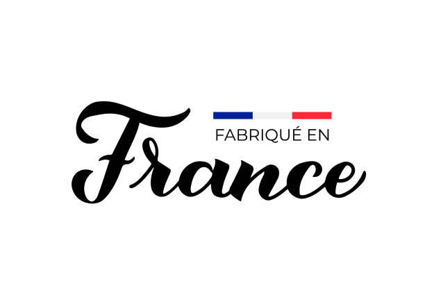 illustrations, cliparts, dessins animés et icônes de fabrique en france - fabriqué en france en français étiquette de calligraphie. modèle vectoriel pour la conception de logo, étiquettes, badges, autocollants, emblème, emballage de produit, etc - fabriqué en france