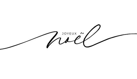 Joyeux Noel modern brush vector calligraphy. Merry Christmas in French language. Hand drawn calligraphic phrase isolated on white background. Typography for greeting card, postcards, poster, banner.