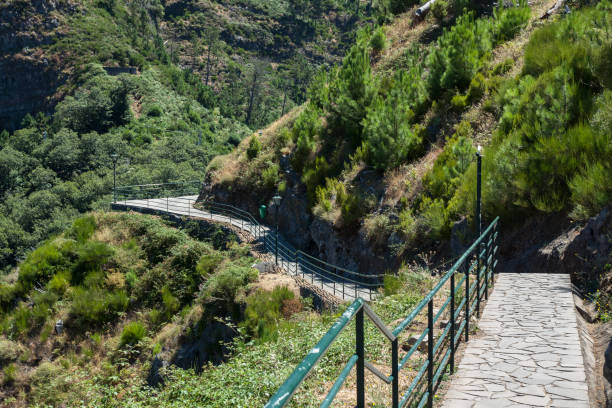 istock Crazy paving path with green railings in the mountains 1270512966