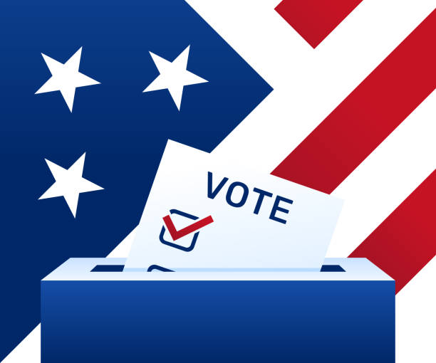 Voting concept - United States. Election day. Ballot paper. Political election campaign Voting concept - United States. Election day. Ballot paper. Political election campaign. Ballot box with national flag on background gop debate stock illustrations