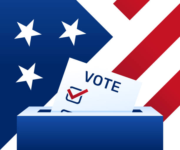 Voting concept - United States. Election day. Ballot paper. Political election campaign Voting concept - United States. Election day. Ballot paper. Political election campaign. Ballot box with national flag on background registering stock illustrations