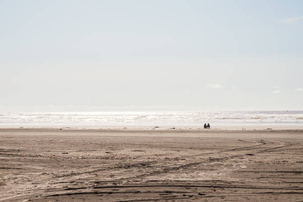 Two People Sitting Alone on Ocean Beach on a Bright, Sunny Day