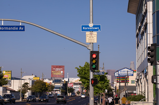 Los Angeles, California, USA  – August 3, 2020: Koreatown signs with Dr Sammy Lee Square by city