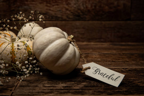 Autumn White Small pumpkins with card on wood background