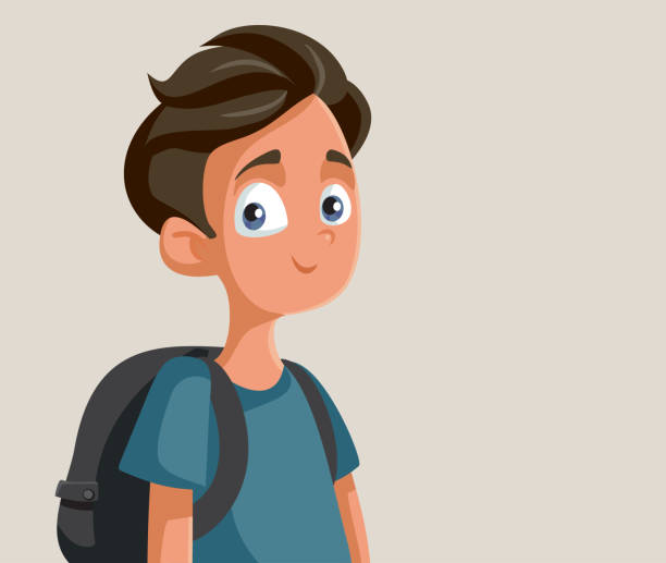 Cute Teen School Boy Vector Character Portrait of cheerful teenager with backpack going back to school junior high age stock illustrations