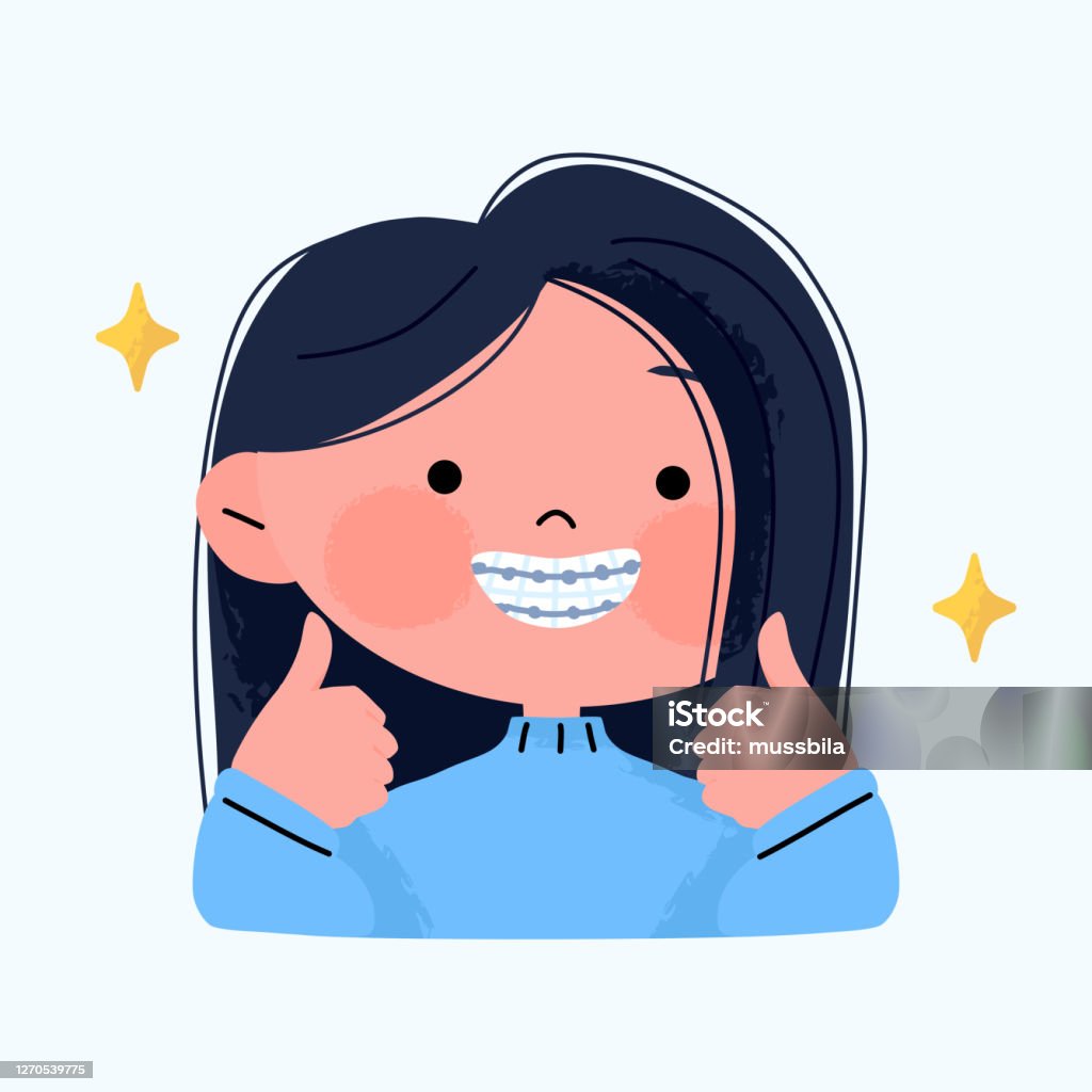 Happy Smiling Girl With Dental Braces And Showing Thumbs Up Hand Drawn Cute  Cartoon Character Hand Drawn Portrait Vector Stock Illustration - Download  Image Now - iStock