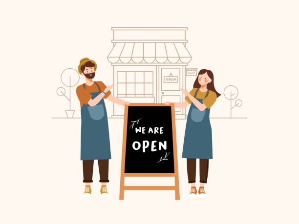 ilustrações de stock, clip art, desenhos animados e ícones de cheerful small business owners standing welcoming with we are open written on a blackboard in front of a restaurant or coffee shop illustration - business owner