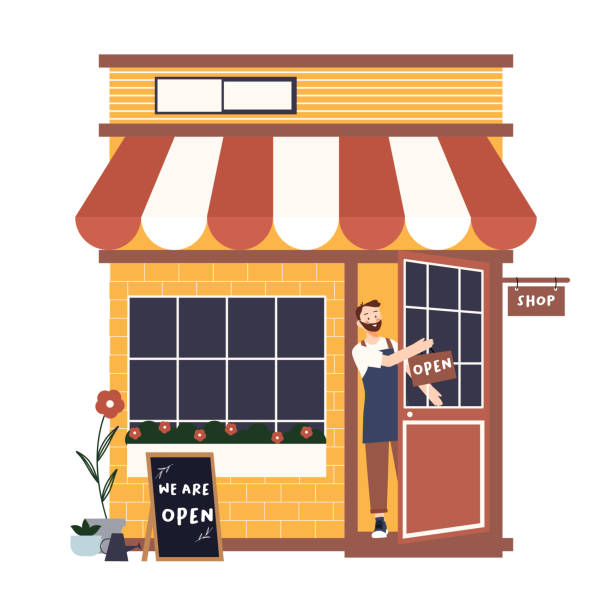ilustrações de stock, clip art, desenhos animados e ícones de opened the store with small business man owner or young employee using apron and hand holds a sign saying we are open on cafe shop or restaurant hang on door at entrance. vector illustration - open front door