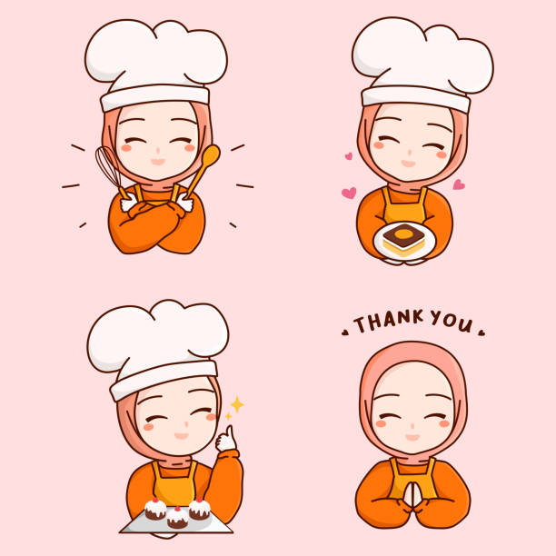 ilustrações de stock, clip art, desenhos animados e ícones de set halal homemade logo template elements with muslim cute woman chef with hijab holding dessert box, bakery, cake, kitchen tools and saying thank you for your order illustration - characters cooking chef bakery