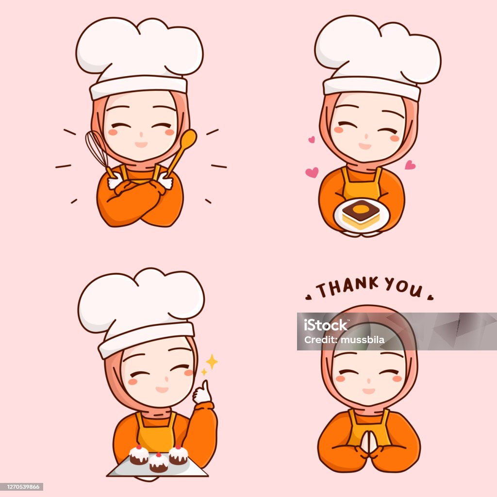 Set Halal Homemade Logo Template Elements With Muslim Cute Woman Chef With  Hijab Holding Dessert Box Bakery Cake Kitchen Tools And Saying Thank You  For Your Order Illustration Stock Illustration - Download