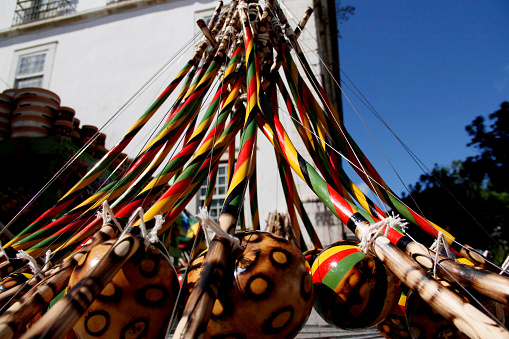 salvador, bahia / brazil - july 2, 2015: berimbau - string instrument and gourd used to produce sound during capoeira dance in the city of Salvador.