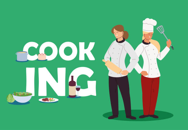 ilustrações de stock, clip art, desenhos animados e ícones de women of chefs cooking at home - coffee time restaurant