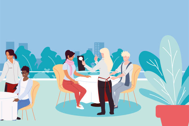 People dining in an upscale outdoor luxury restaurant and waiters taking the order People dining in an upscale outdoor luxury restaurant and waiters taking the order vector illustration design pics of restaurant ceiling design stock illustrations
